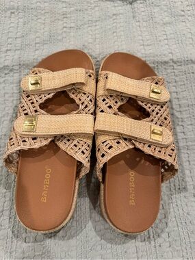 BAMBOO Women's Tan Woven Double-Strap Slide Sandals